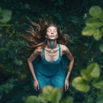 Femme en méditation allongée sur le sol forestier symbolisant l'éveil spirituel et la connexion avec la nature
