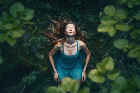 Femme en méditation allongée sur le sol forestier symbolisant l'éveil spirituel et la connexion avec la nature