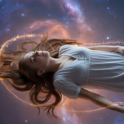 Femme en état de rêve lucide flottant dans un univers cosmique, conscience explorant le monde onirique