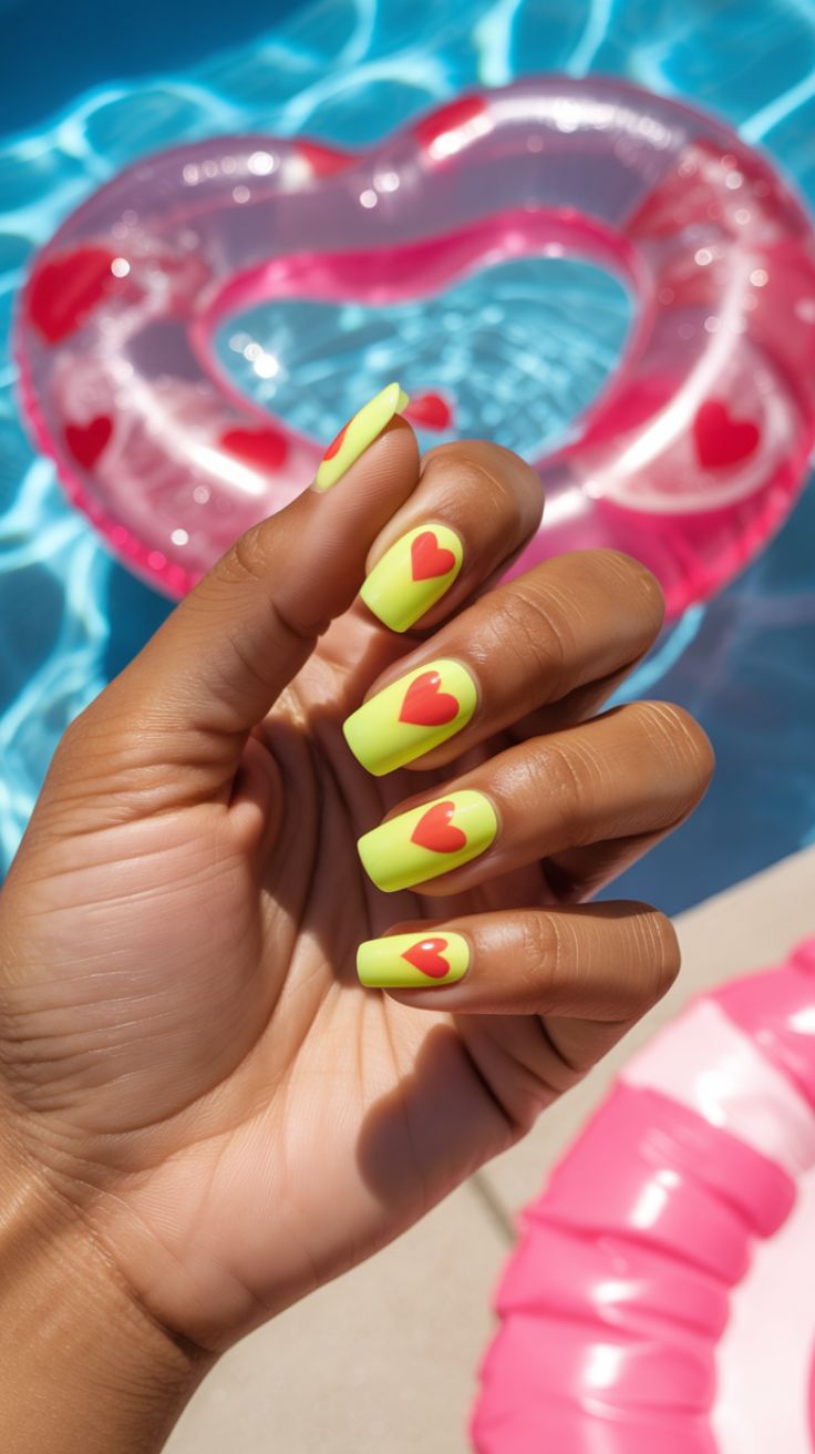 Ongles fluo verts avec cœurs rouges pour un look estival romantique