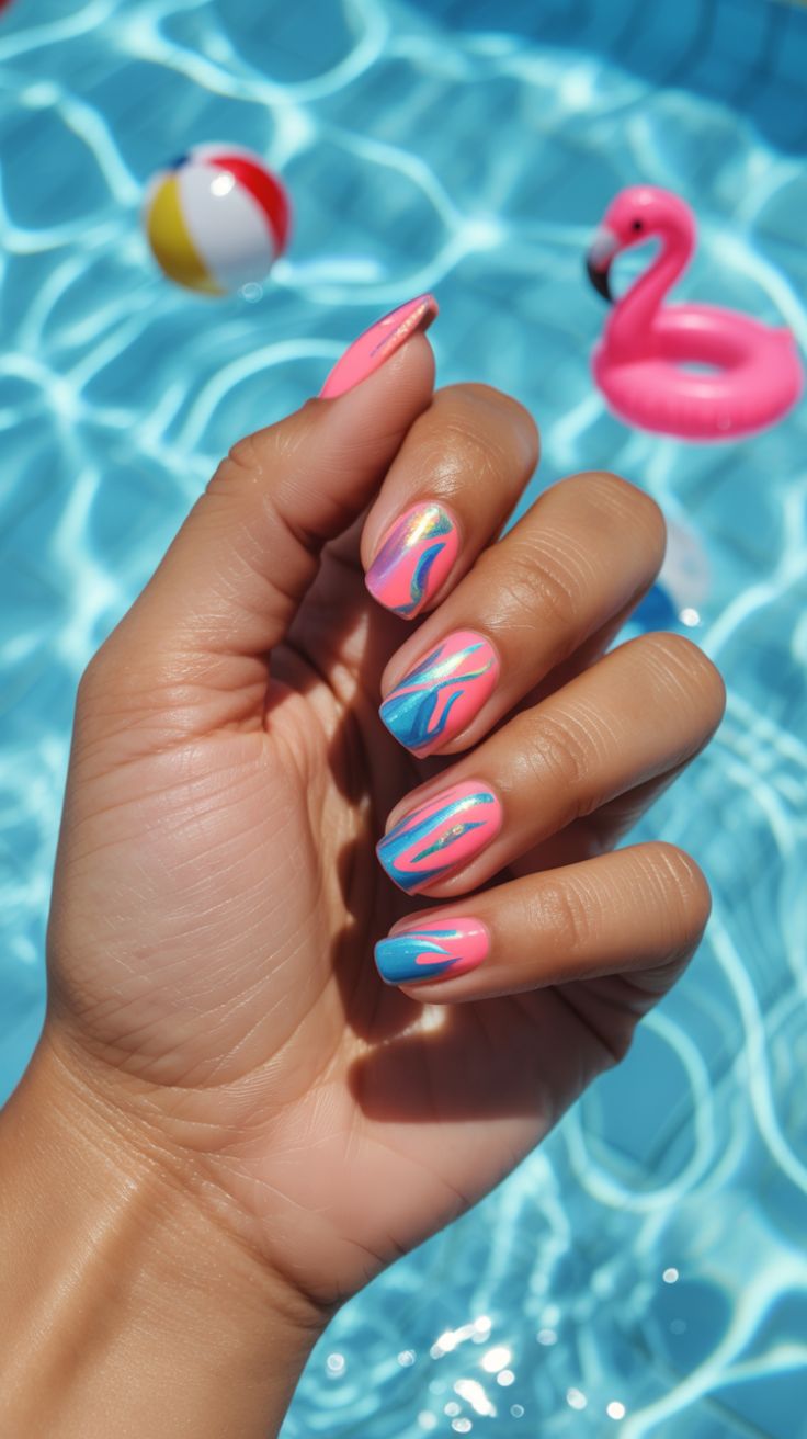 Design ongles bleu et rose inspiré de l'été à la piscine