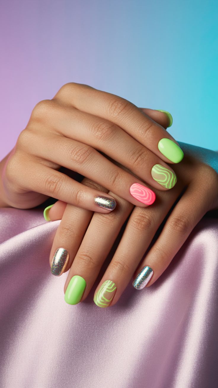 Design psychédélique vert fluo et rose avec ongles chromés