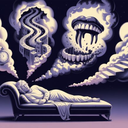 Personne endormie entourée de spirales oniriques symbolisant différents rêves récurrents